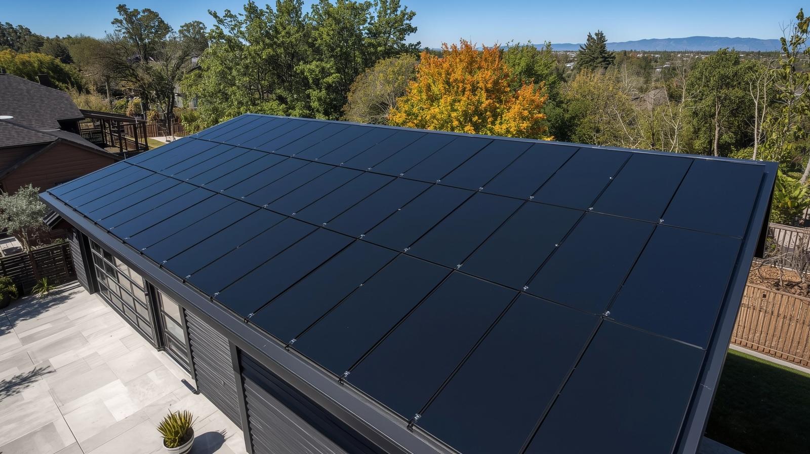 Modernes, schönes Einfamilienhaus mit schwarzen Solarpanels ohne erkennbare Unterteilung oder Zellen auf dem Dach