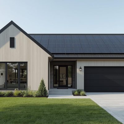 Modernes, schönes Einfamilienhaus mit schwarzen Solarpanels auf dem Dach