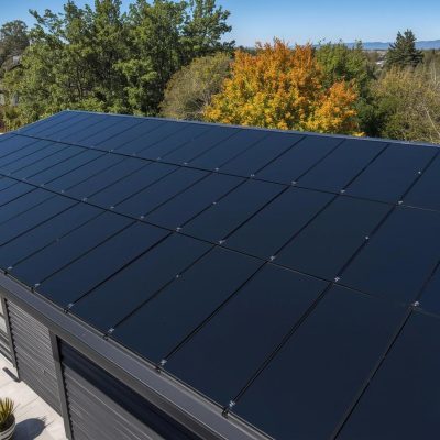Modernes, schönes Einfamilienhaus mit schwarzen Solarpanels ohne erkennbare Unterteilung oder Zellen auf dem Dach